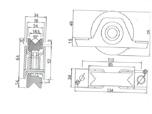 Esquema medidas rueda canal angular de 80 mm con soporte atornillar